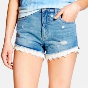 Free People Distressed Mid Rise Jean Shorts With Lace Trim Size 24